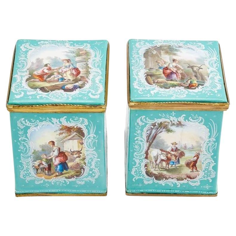 Pair of Antique 18th Century French Enamel Tea Caddies Circa 1780-1790 For Sale
