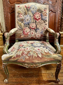 Pair of Antique 18th Century French Tapestry and Painted Wood Armchairs.