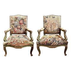 Pair of Antique 18th Century French Tapestry and Painted Wood Armchairs.