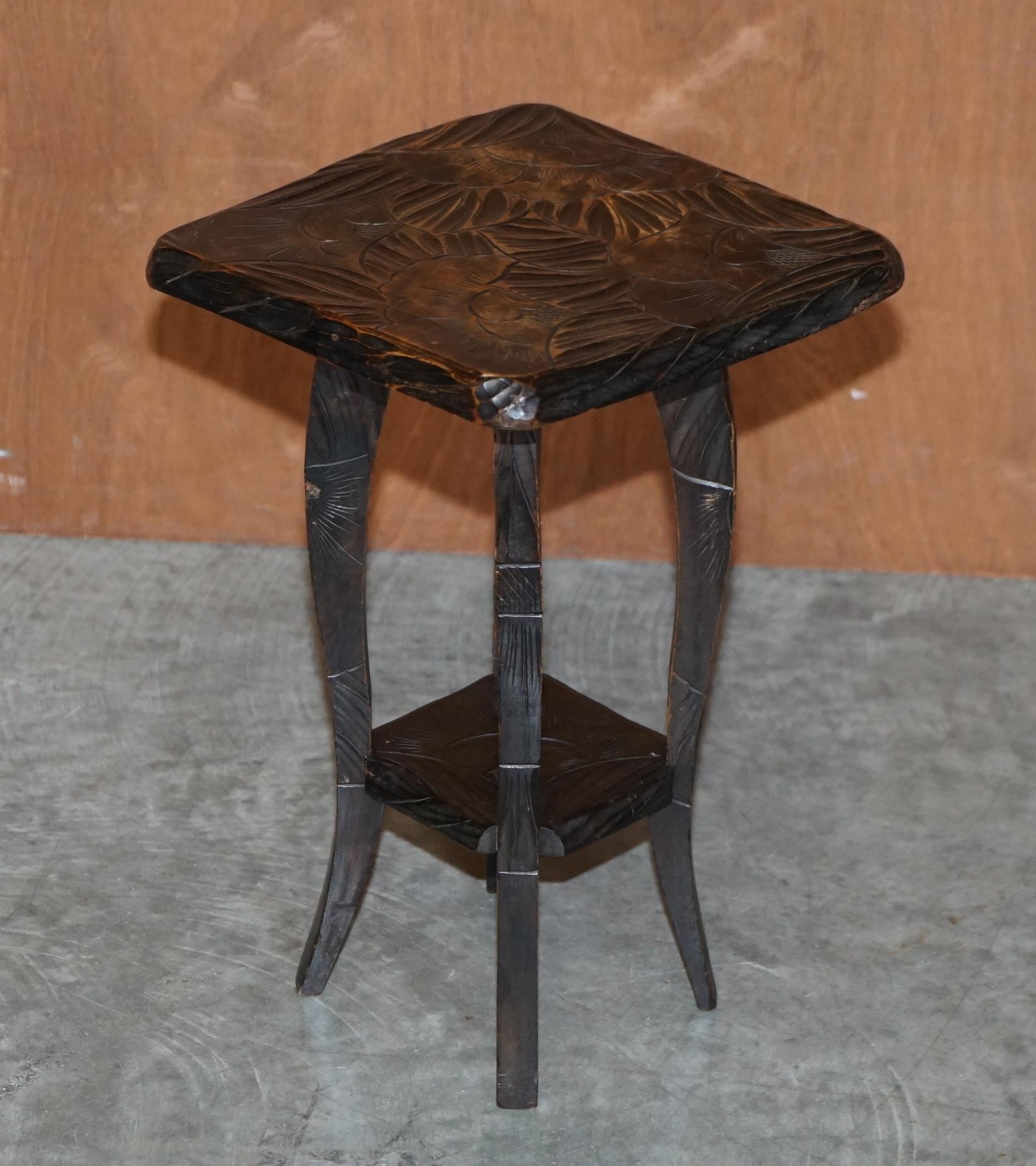 We are delighted to offer for sale this lovely pair of Liberty’s London 1905 Japanese mahogany side tables hand carved with floral detailing 

A good-looking pair, they are hand carved from top to bottom with floral detailing, these have the
