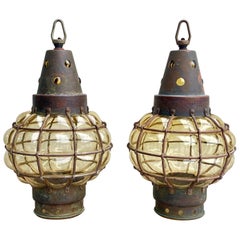 1920s lantern Pair of Antique 1920s Arts
Crafts Hanging Lanterns in Metal and Handmade Glass