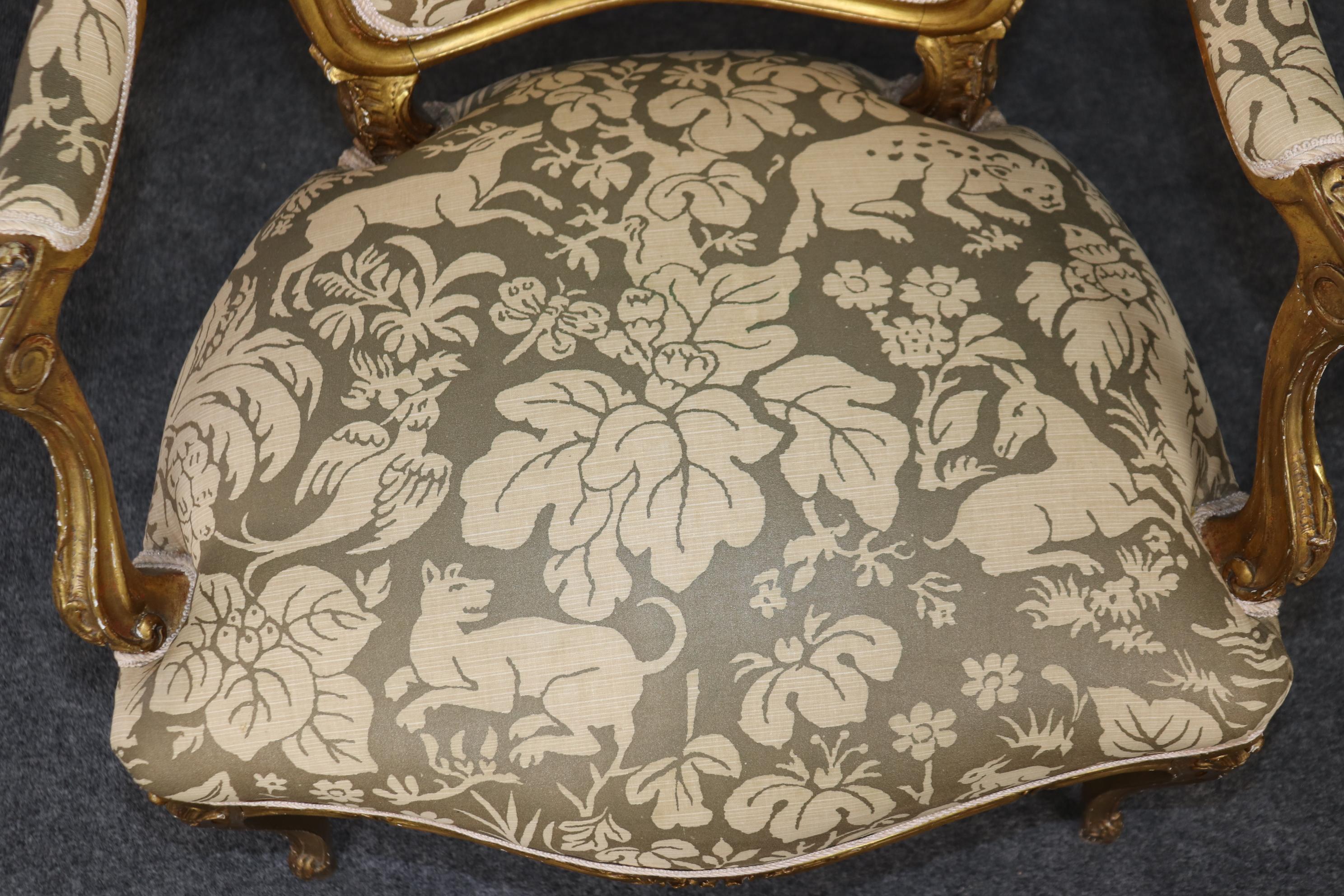 Pair of Antique 1920s Era French Louis XV Style Giltwood Armchairs Animal Print For Sale 8