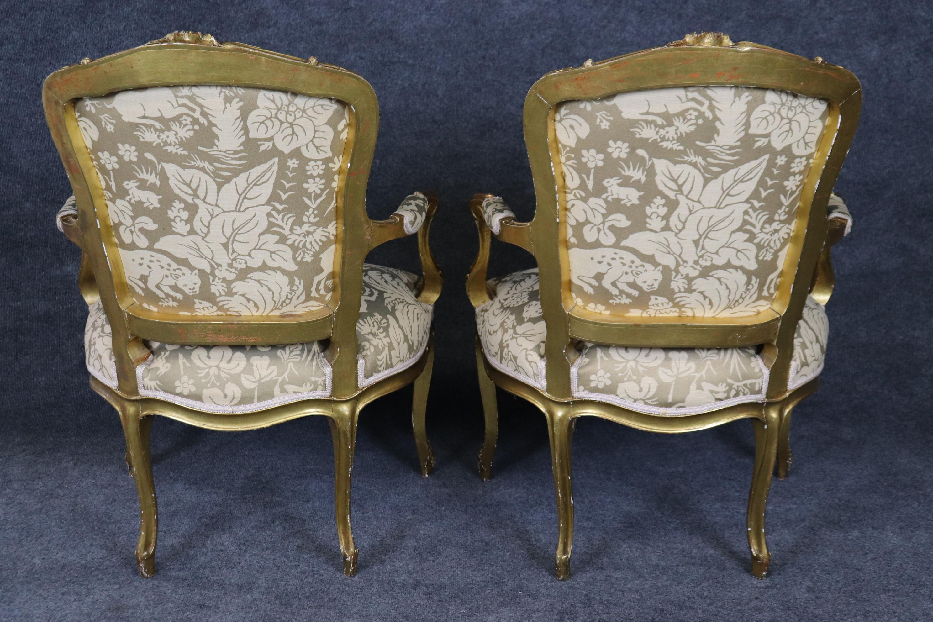 Early 20th Century Pair of Antique 1920s Era French Louis XV Style Giltwood Armchairs Animal Print For Sale