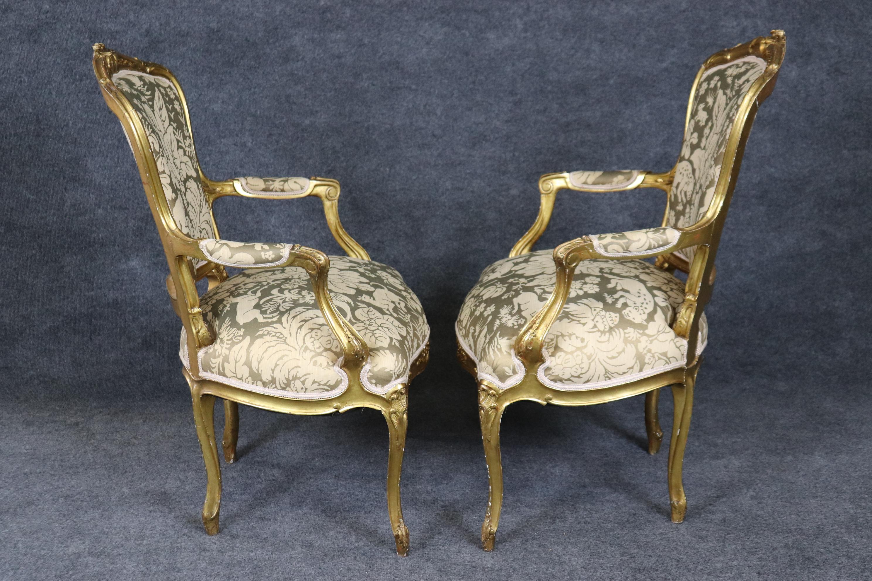 Walnut Pair of Antique 1920s Era French Louis XV Style Giltwood Armchairs Animal Print For Sale