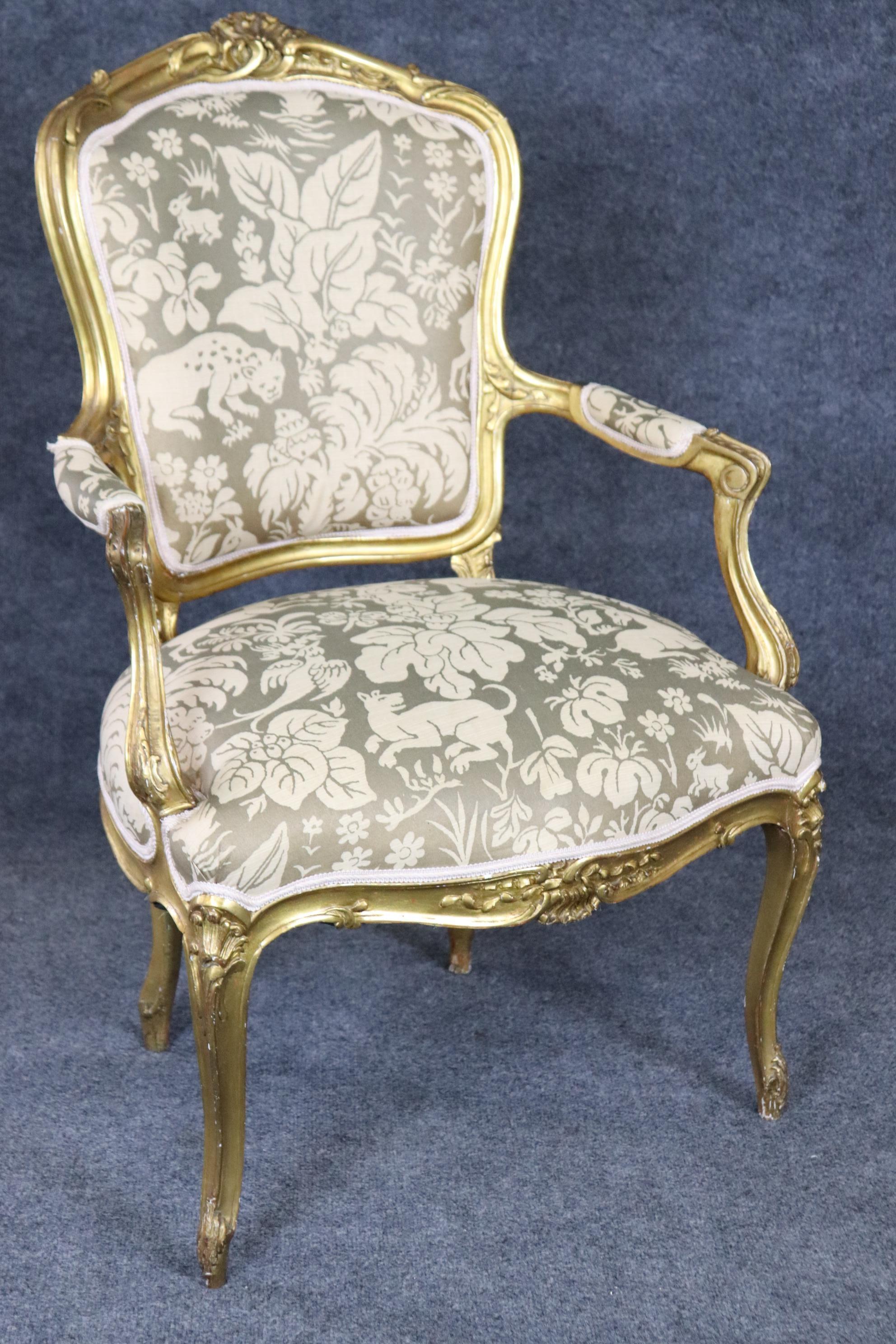 Pair of Antique 1920s Era French Louis XV Style Giltwood Armchairs Animal Print For Sale 1