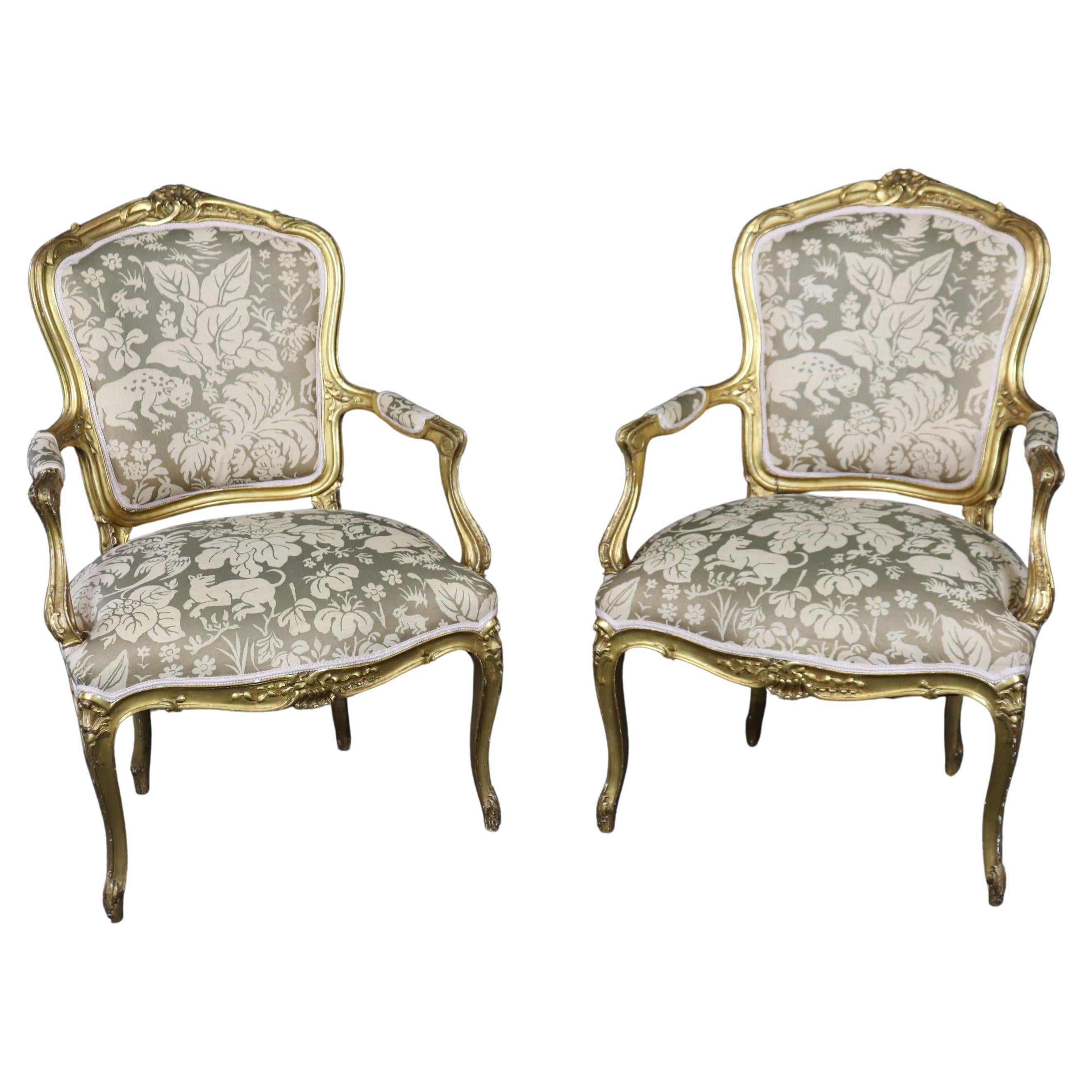 Pair of Antique 1920s Era French Louis XV Style Giltwood Armchairs Animal Print