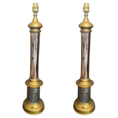 Paire de lampes de table en laiton et chrome antiques des années 1950