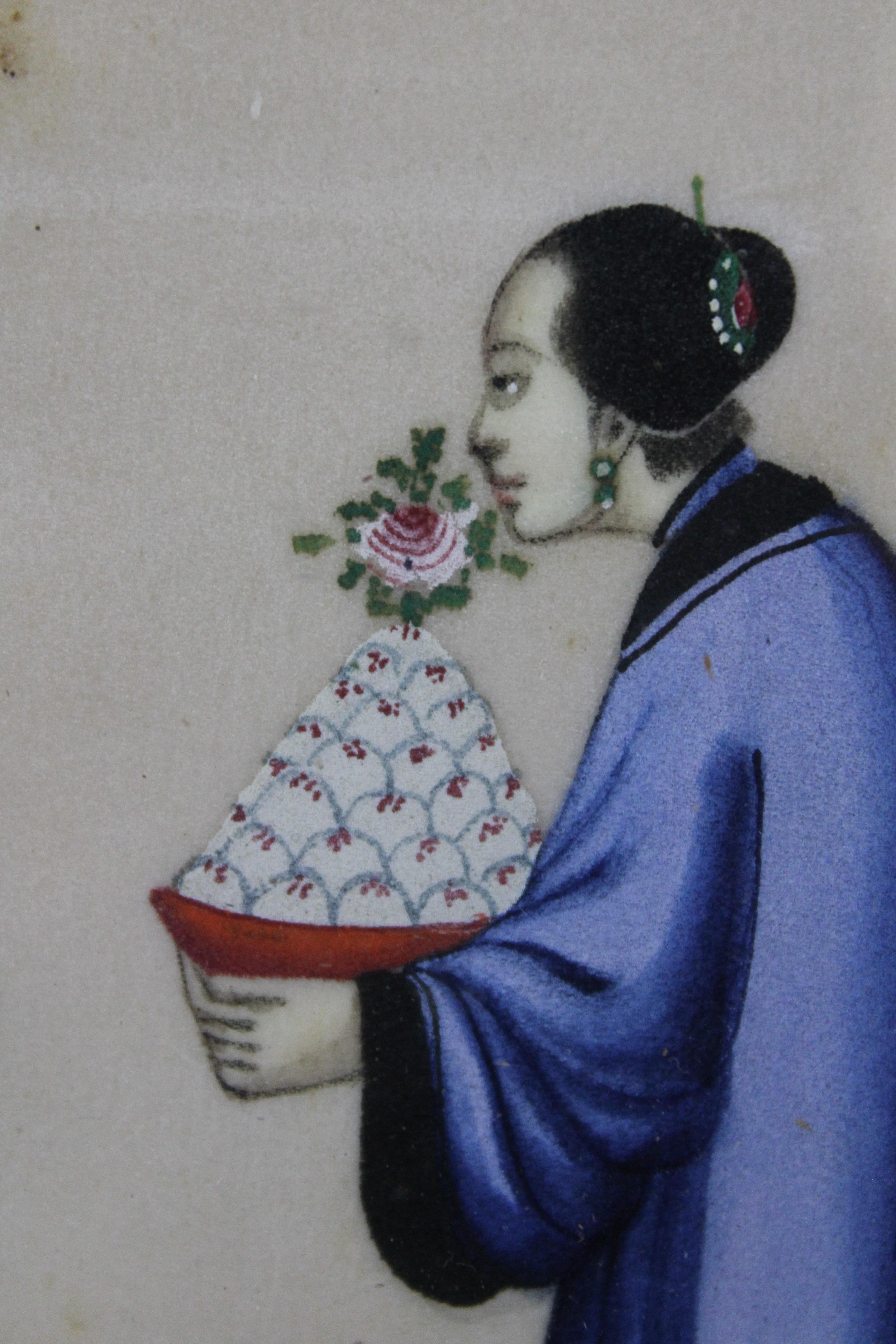Paire de peintures à l'aquarelle anciennes chinoises du 19ème siècle représentant un homme et une femme en papier de riz en vente 3