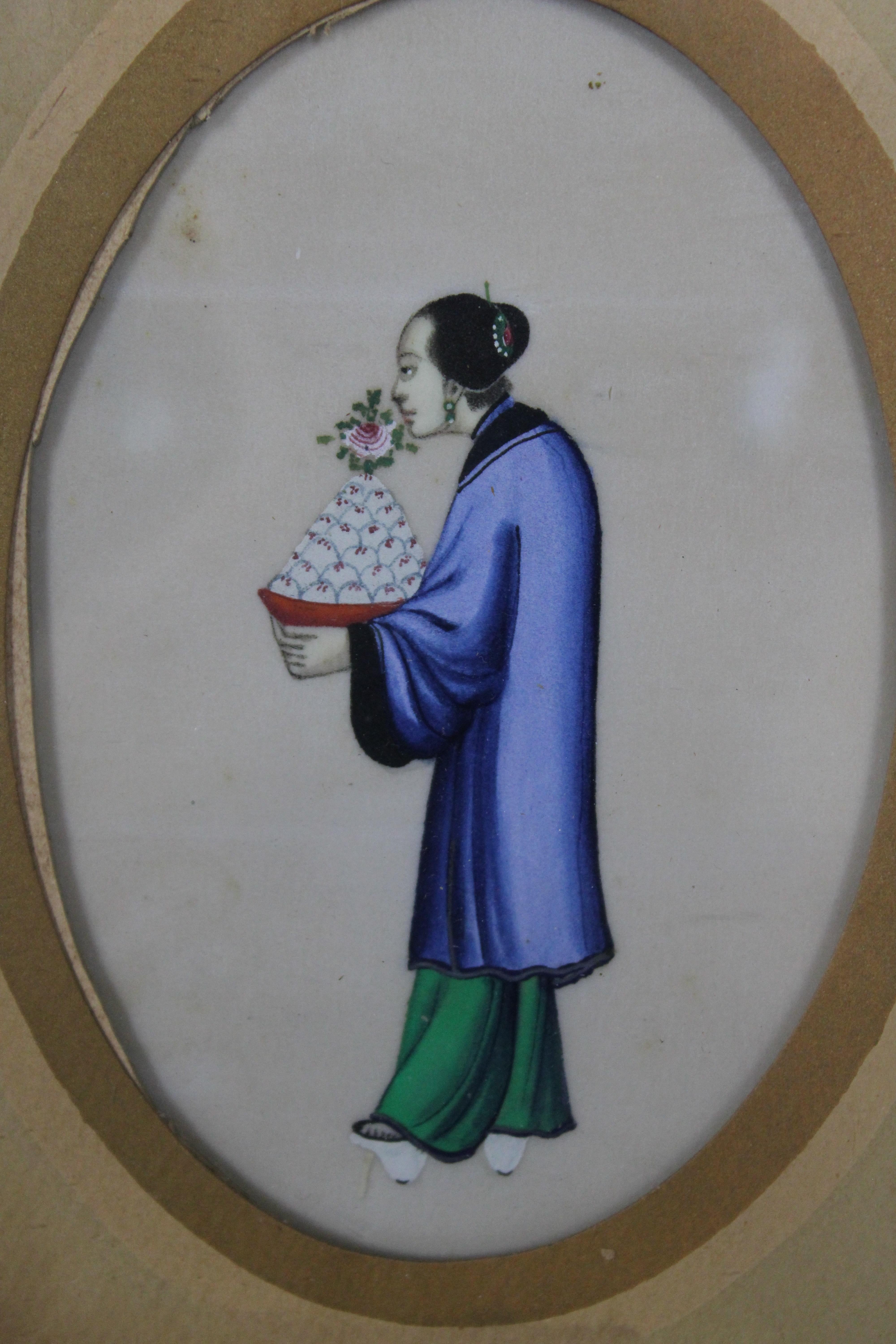Paar antike chinesische Rice Paper Pith Aquarellbilder Mann und Frau aus dem 19. Jahrhundert im Angebot 3