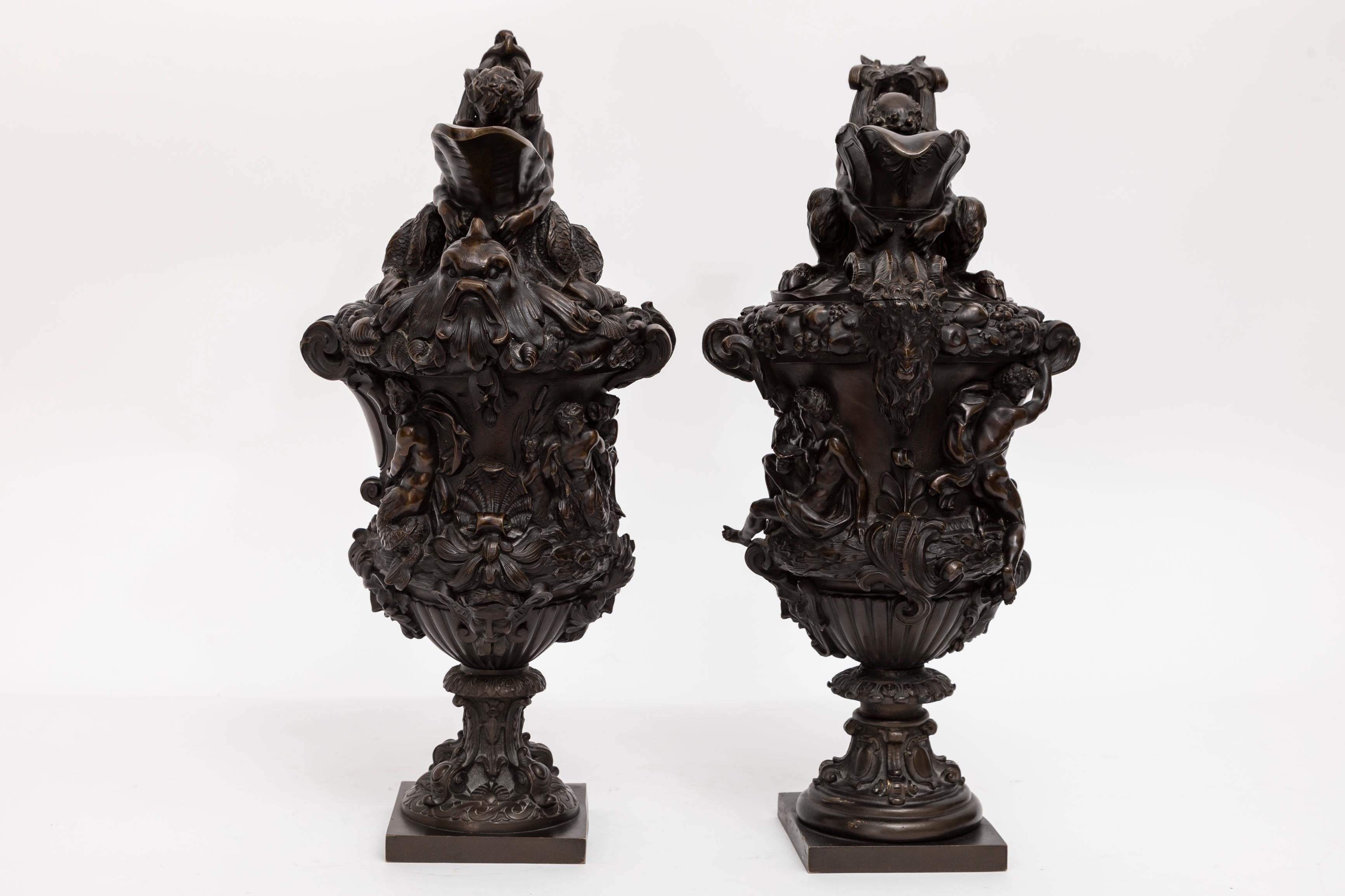 Baroque Pair of Antique 19th C French Patinated Bronze Ewers Emblematic Water & Earth For Sale