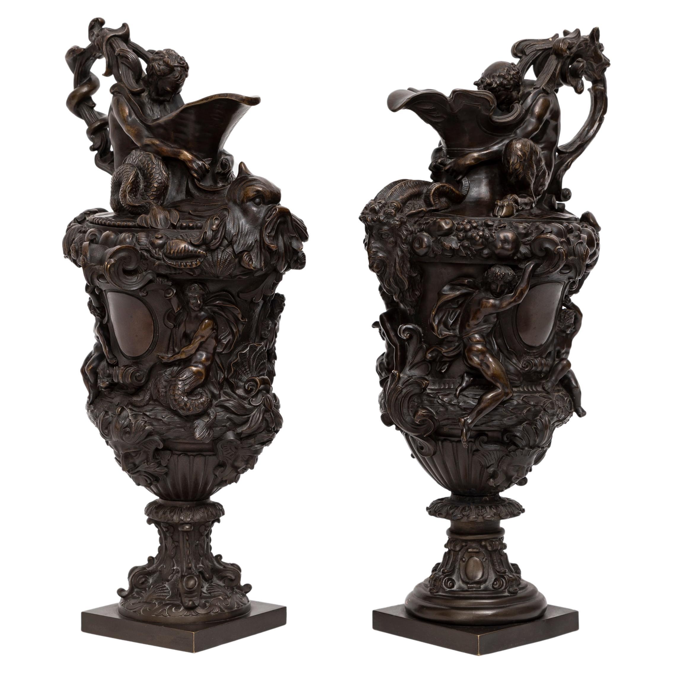 Pair of Antique 19th C French Patinated Bronze Ewers Emblematic Water & Earth For Sale