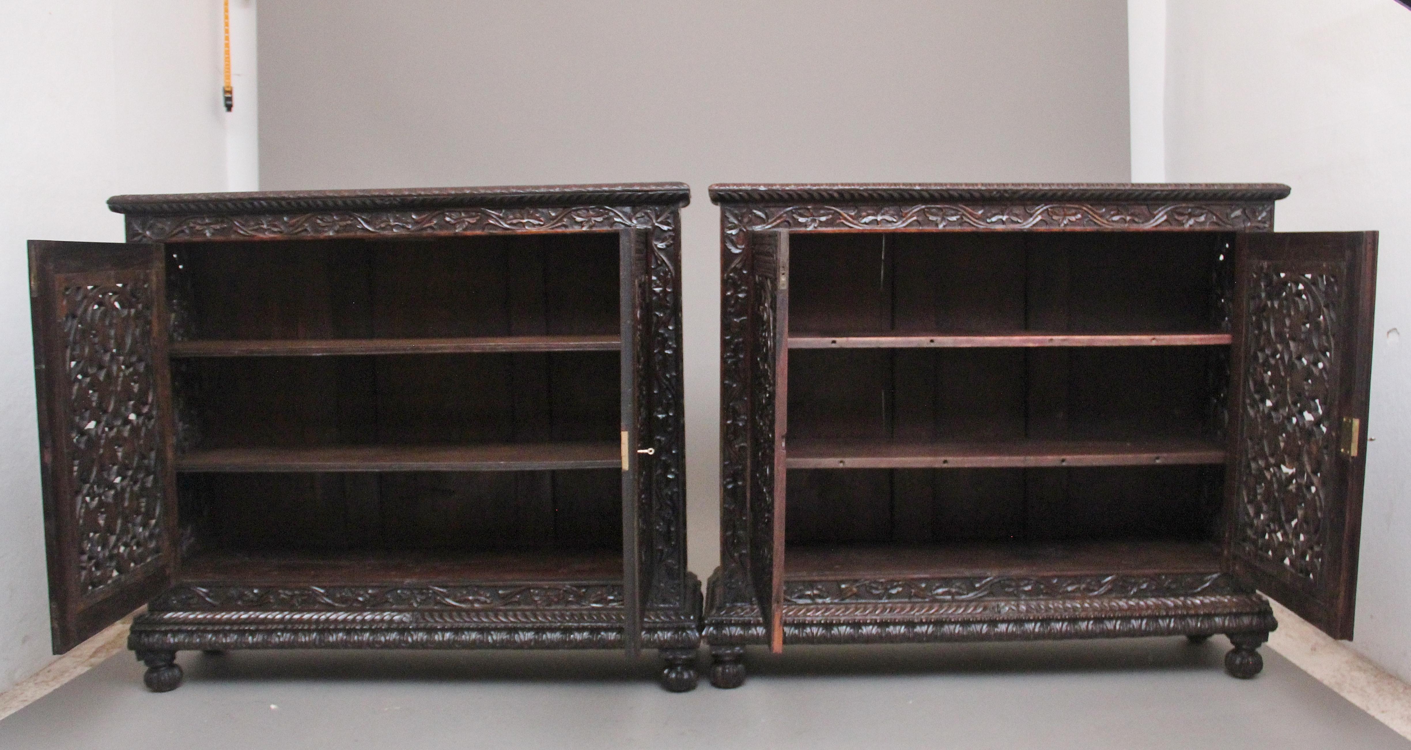 Teak Pair of Antique 19th Century Anglo-Indian Carved Cabinets