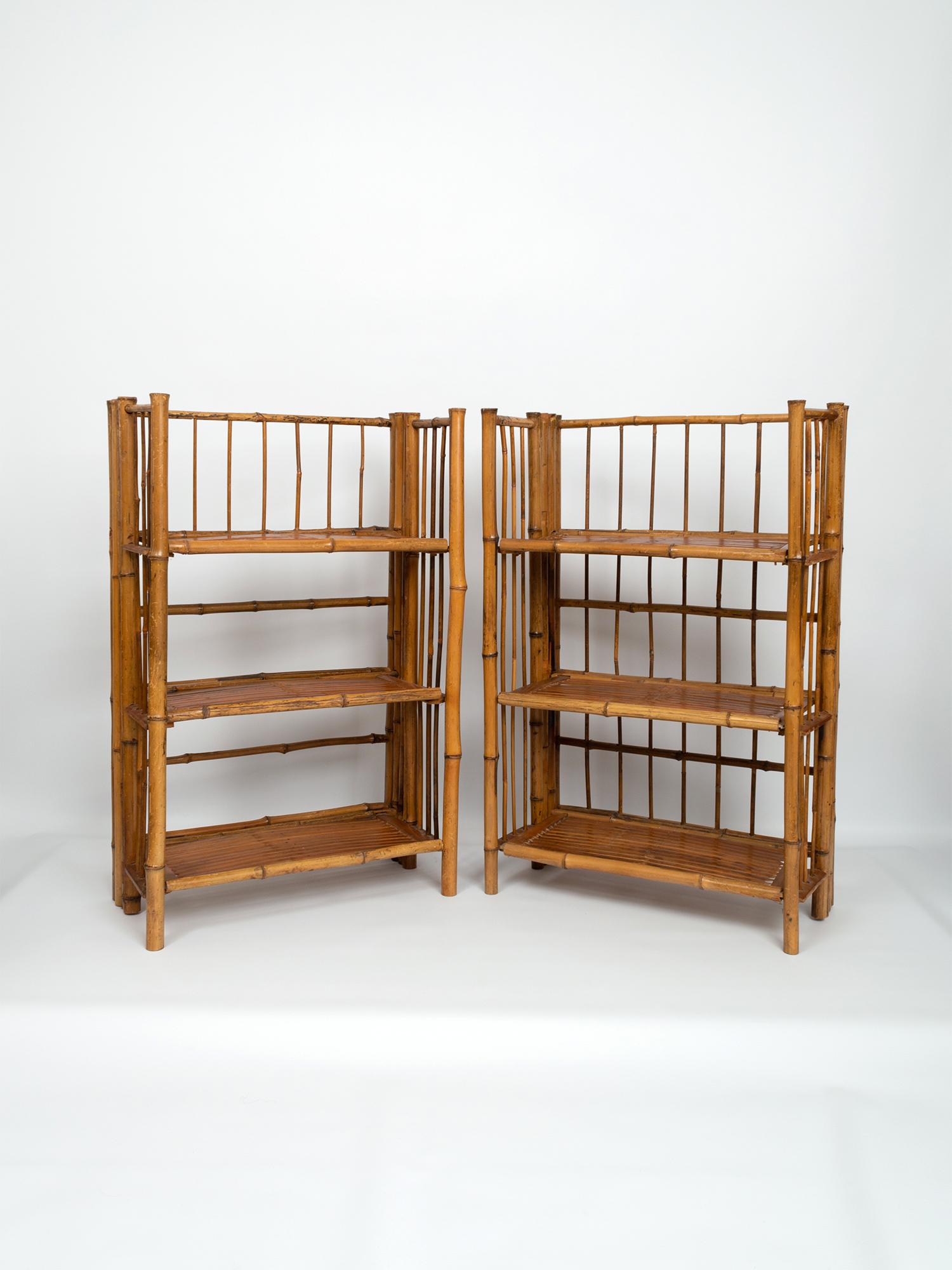 Pair of Bamboo Folding Étagères Campaign Shelves 3