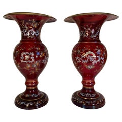 Pair of Antique 19th Century Bohemian Ruby Enameled Moser Vases