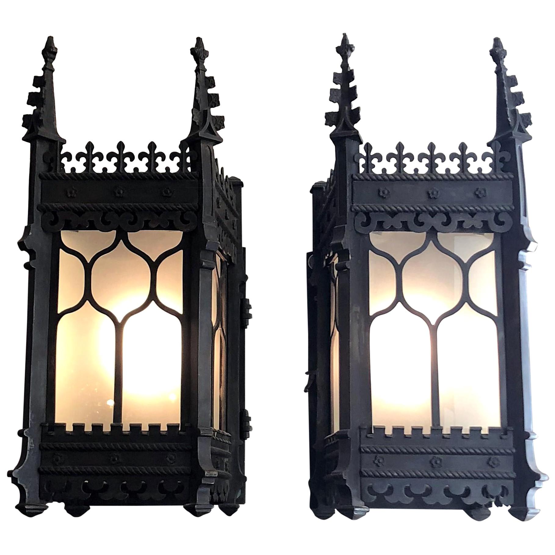 Pair of Antique 19th Century Gothic Bronze Lanterns For Sale