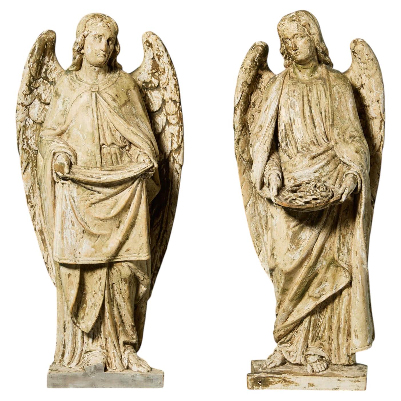 Pair of Antique 19th Century Carved Limewood Angels