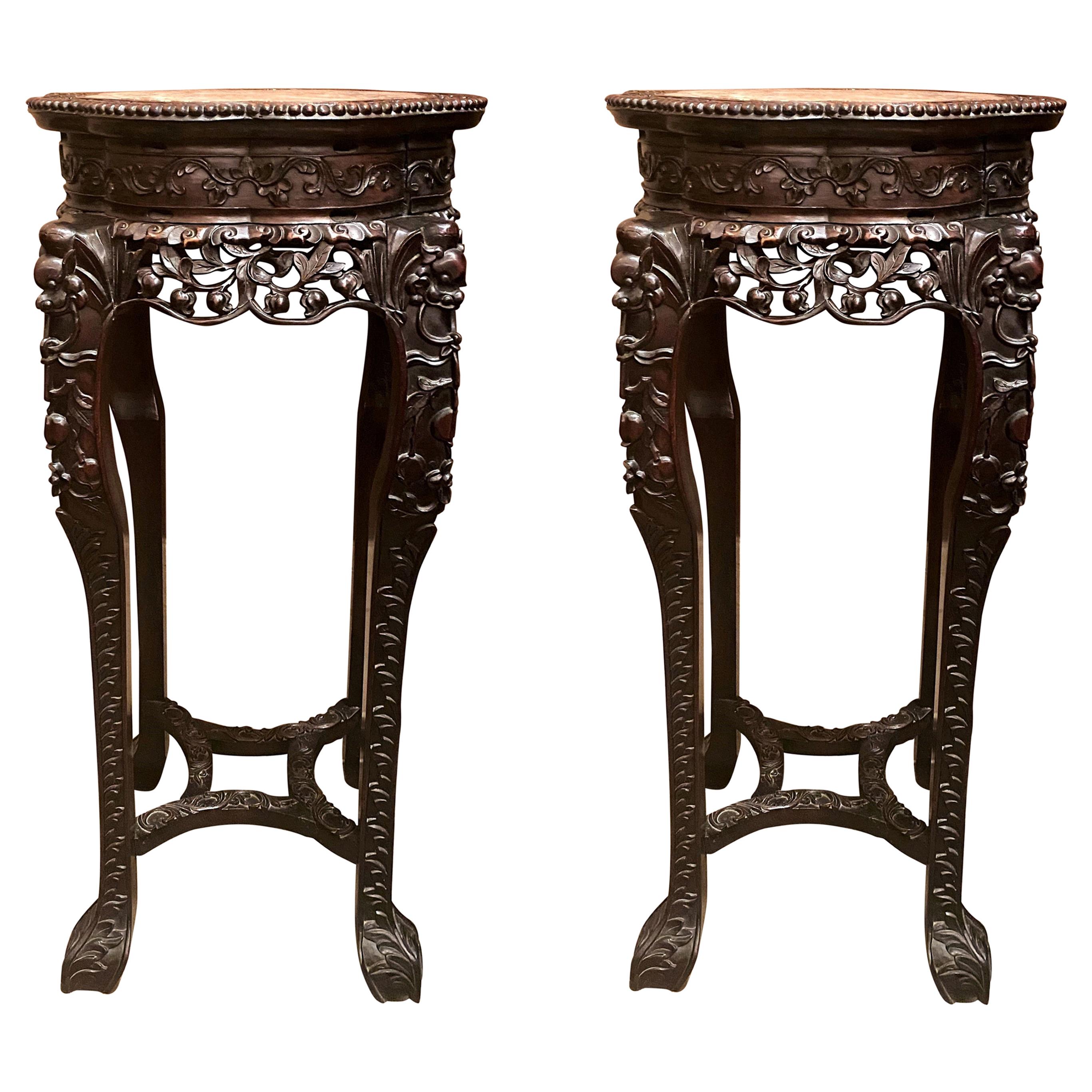 Pair of Antique 19th Century Carved Teak Stands with Marble Tops For Sale