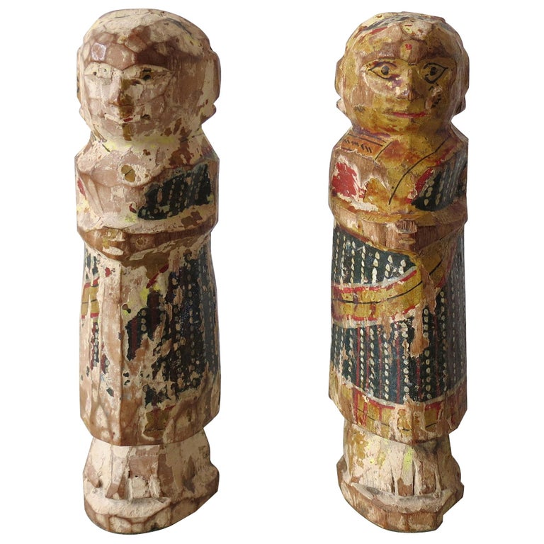 Pair of Antique 19th Century Carved Wooden Painted Figures Indian ...