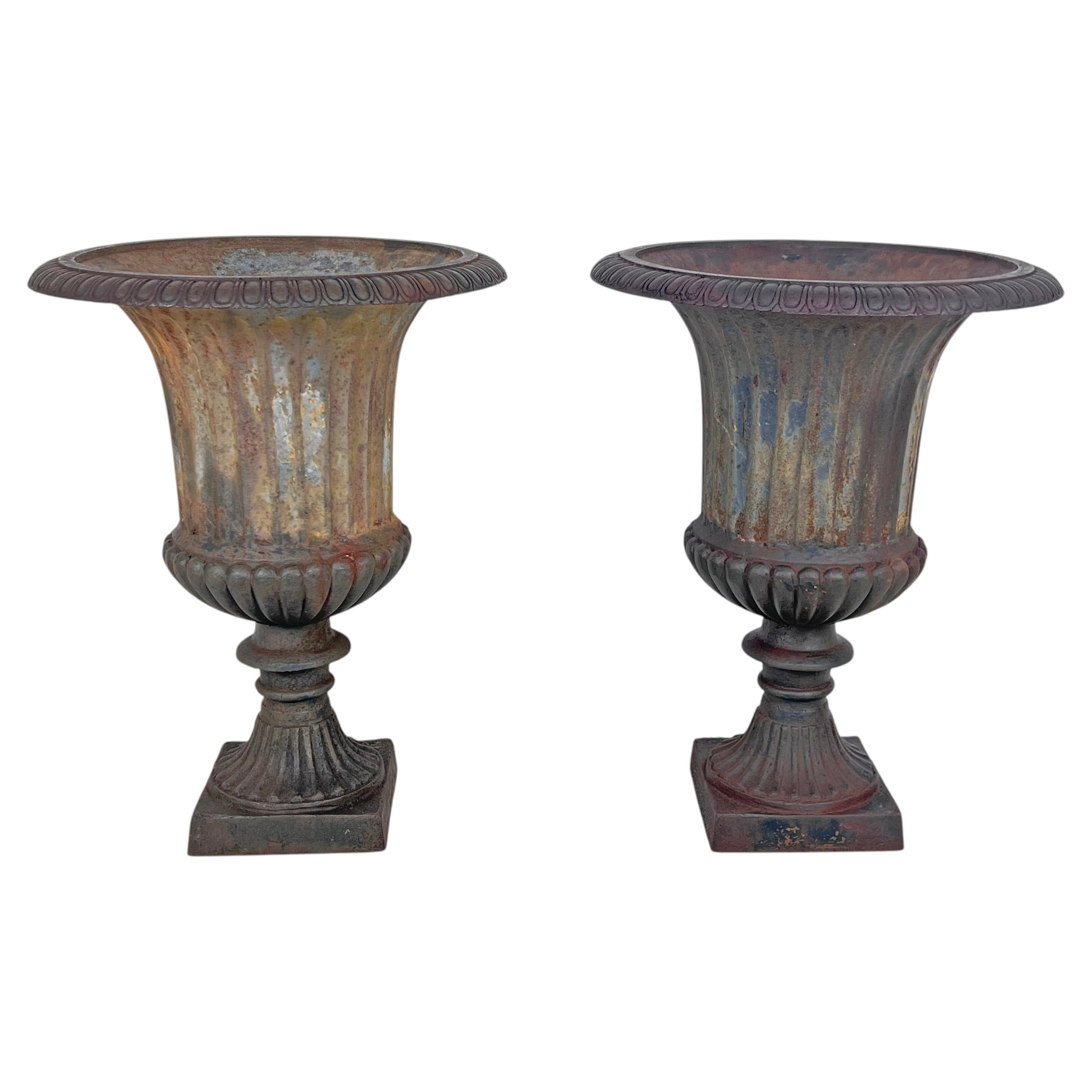 Pair of Antique 19th Century Cast Iron Neoclassical Garden Urns