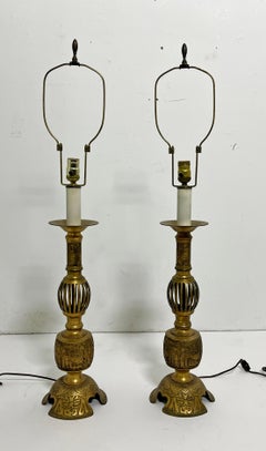 Pair of Antique 19th Century Chinese Bronze Candlestick Lamps