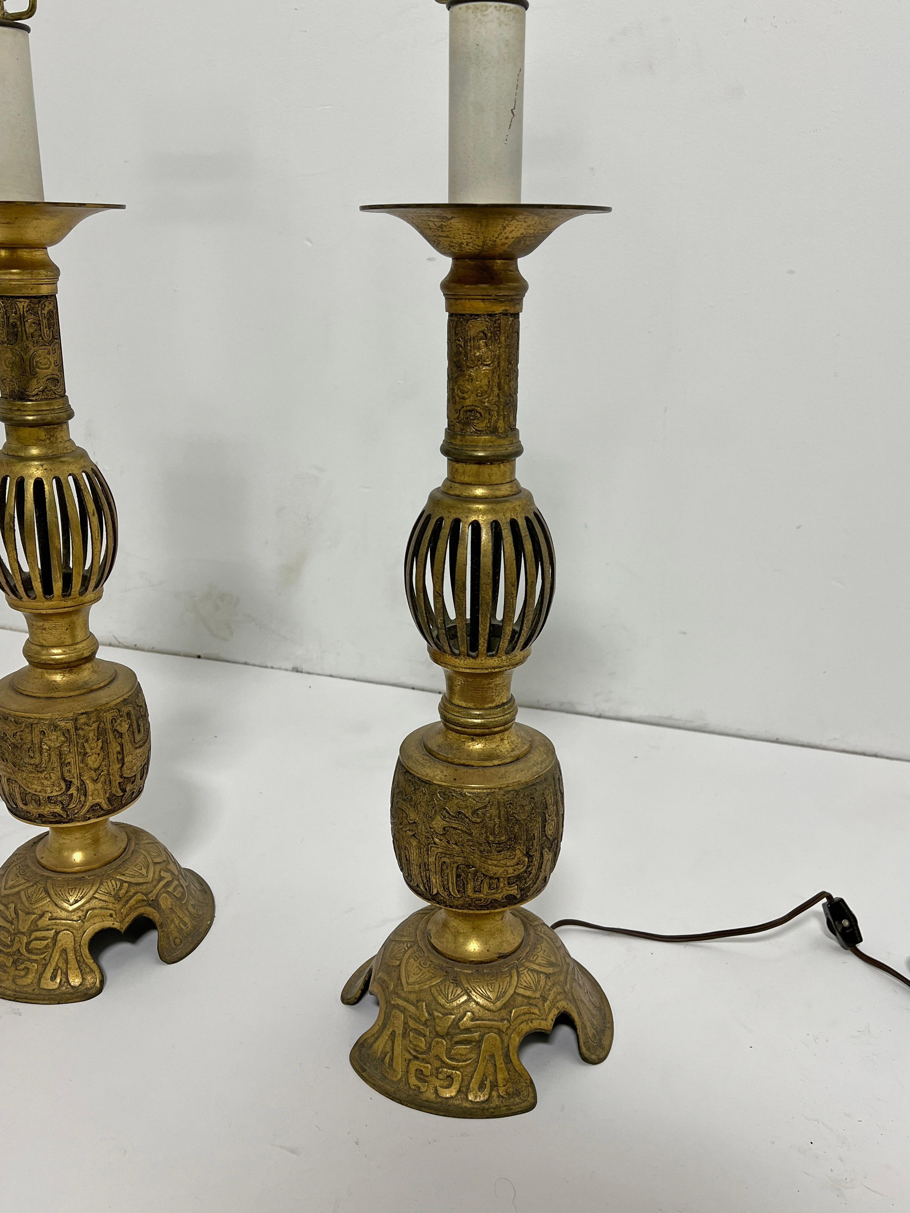 Chinoiserie Pair of Antique 19th Century Chinese Bronze Candlestick Lamps For Sale