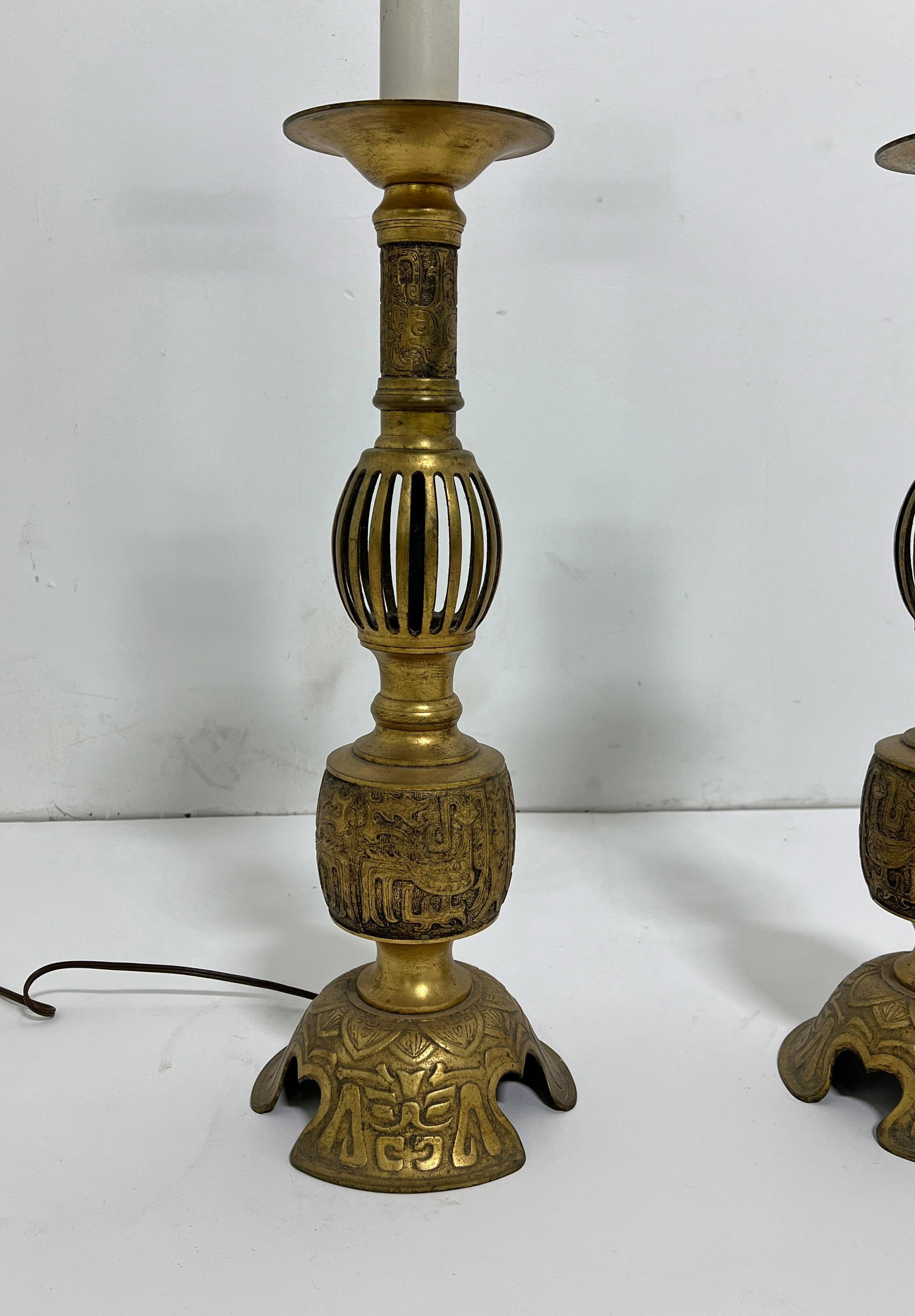 Pair of Antique 19th Century Chinese Bronze Candlestick Lamps In Good Condition For Sale In Peabody, MA