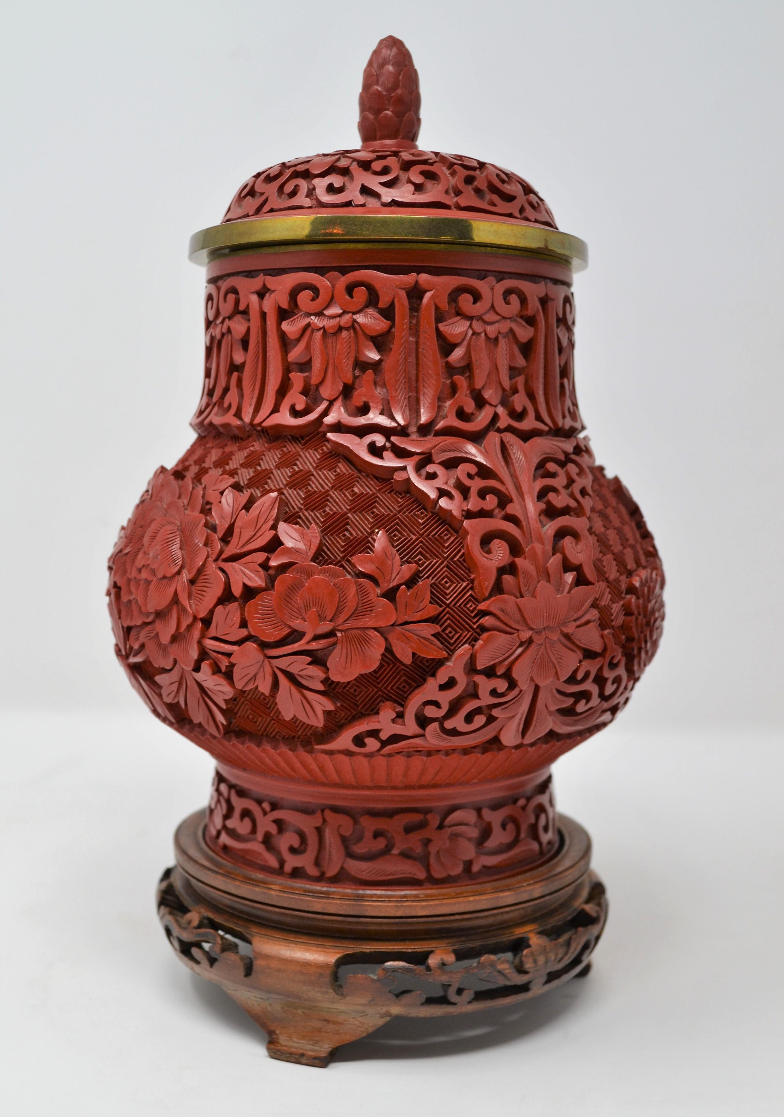 Wood Pair of Antique 19th Century Chinese Cinnabar Urns