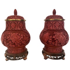 Pair of Antique 19th Century Chinese Cinnabar Urns