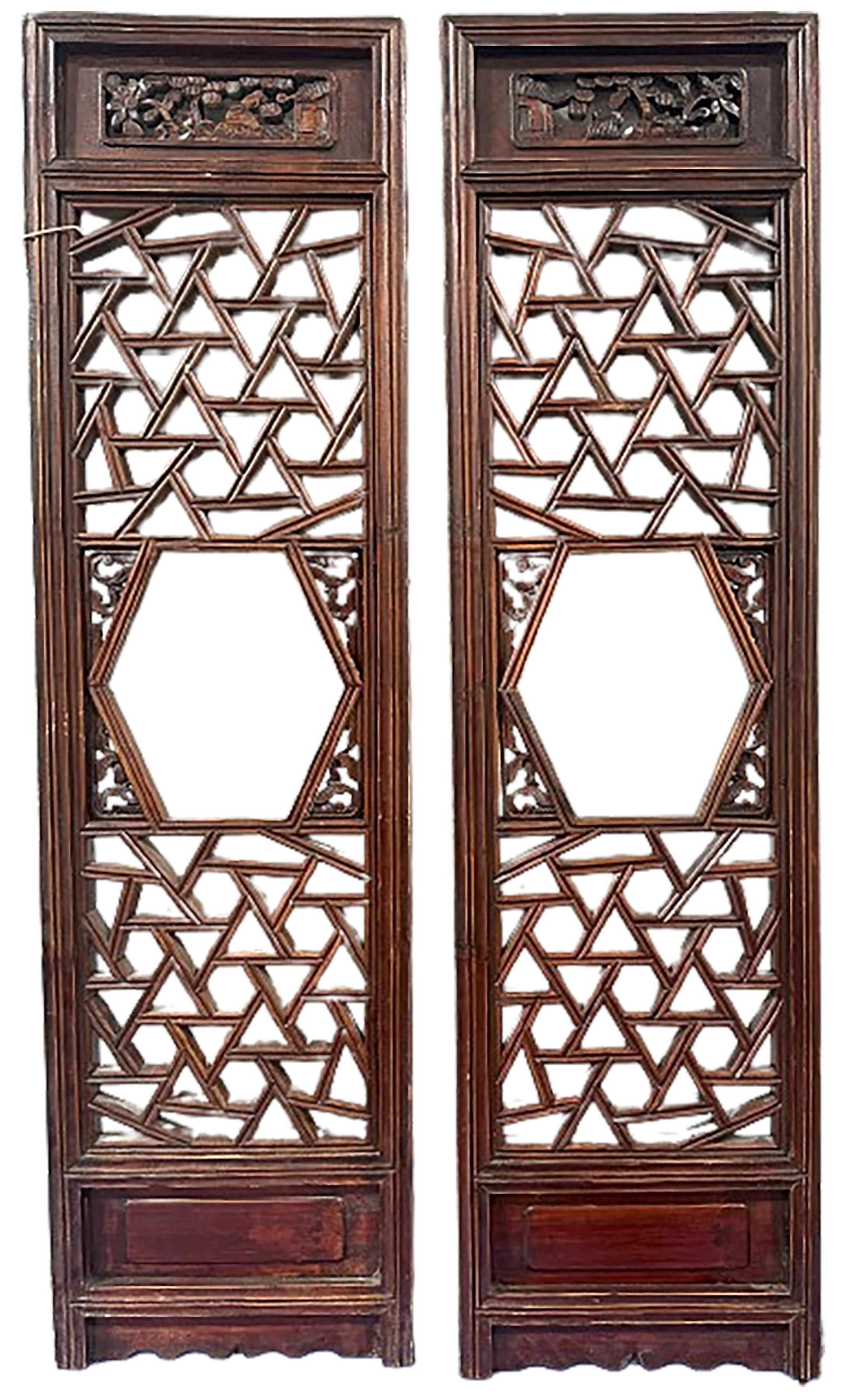 Pair of Antique 19th Century Chinese Fretted and Carved Wood Screen Panels For Sale 3