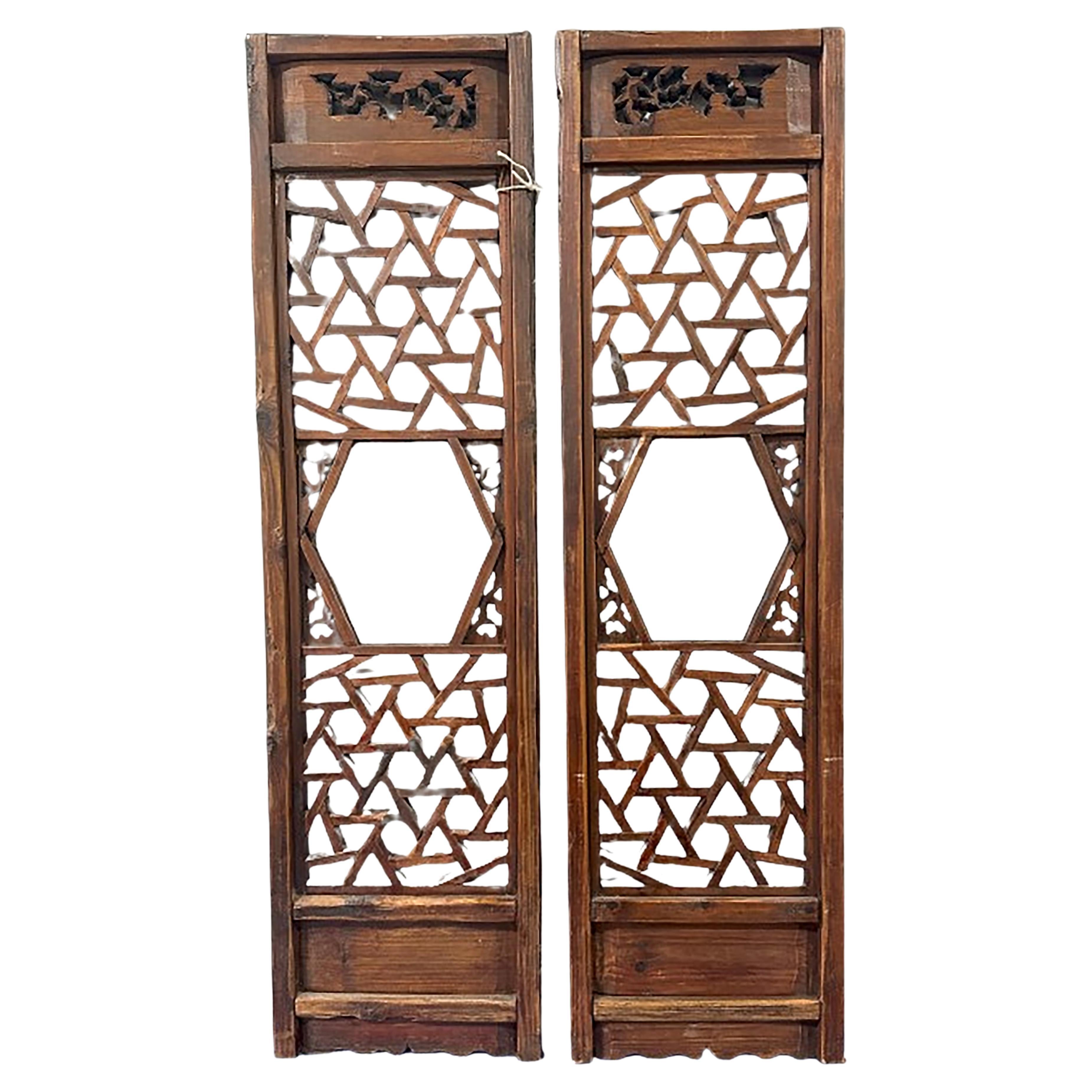Pair of Antique 19th Century Chinese Fretted and Carved Wood Screen Panels