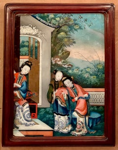 Pareja de cuadros antiguos chinos del siglo XIX, pintados con la técnica del eglomisé sobre cristal y enmarcados en madera de teca