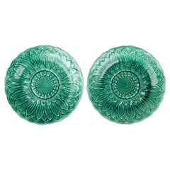 Pair of Antique 19th Century English Majolica Green Sunflower Plates