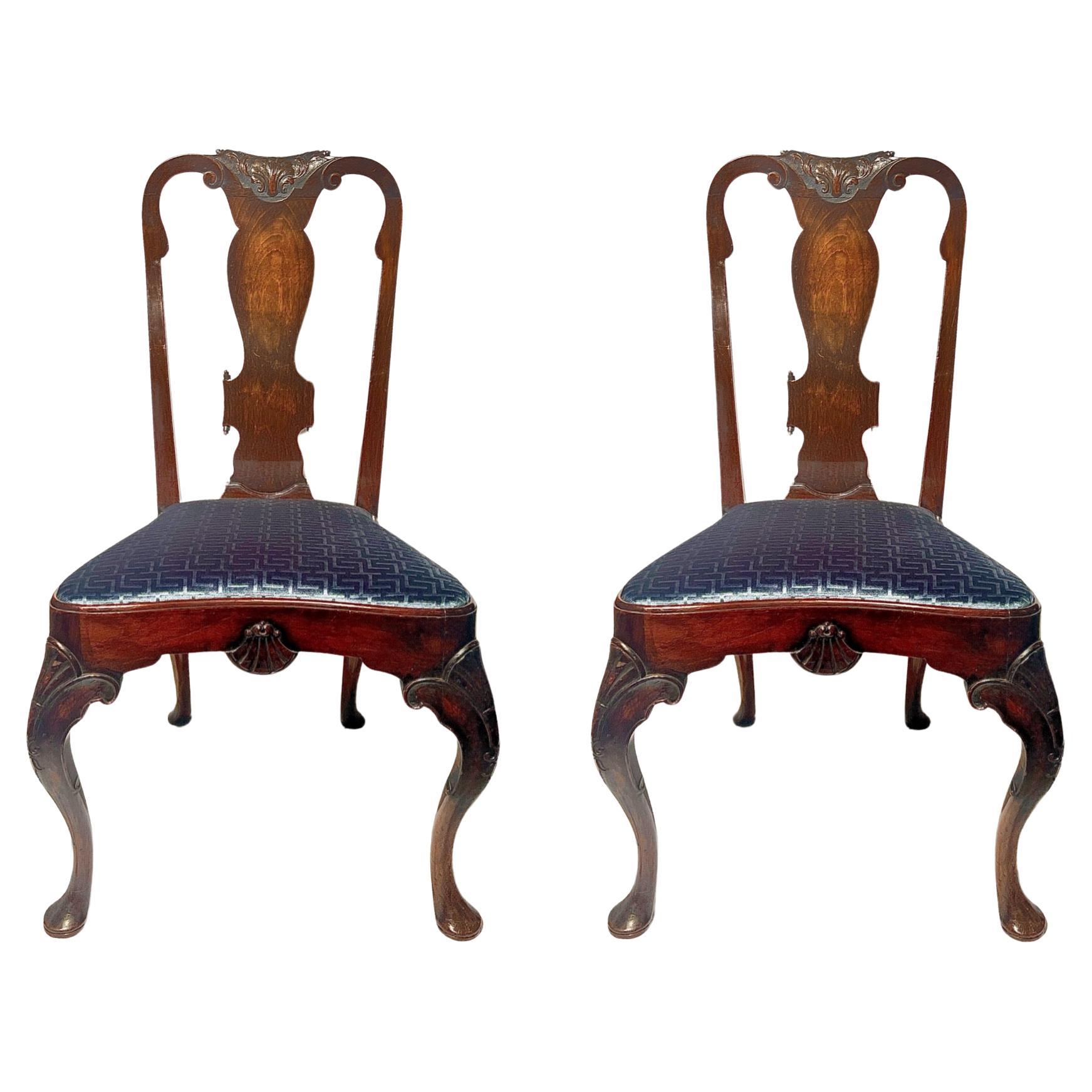 Pair of Antique 19th Century English Queen Anne Burled Walnut Side Chairs. For Sale