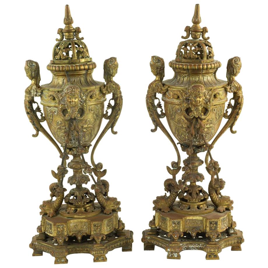 Pair of Antique 19th Century European Gilt Bronze Perfume or Incense Burners For Sale