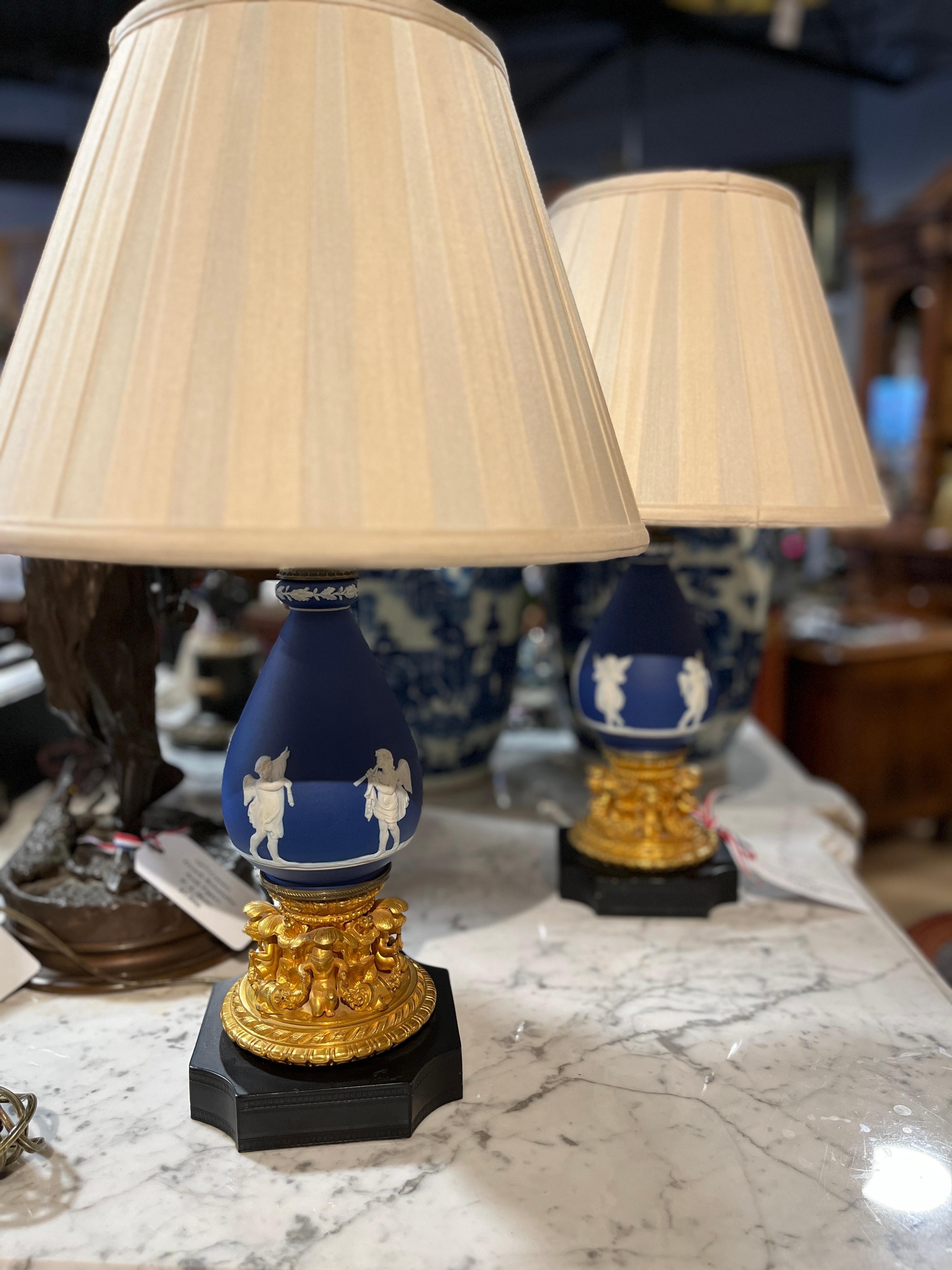Pair of Antique 19th Century French Dore Bronze and Wedgewood Urn Lamps.  Shades Not included.