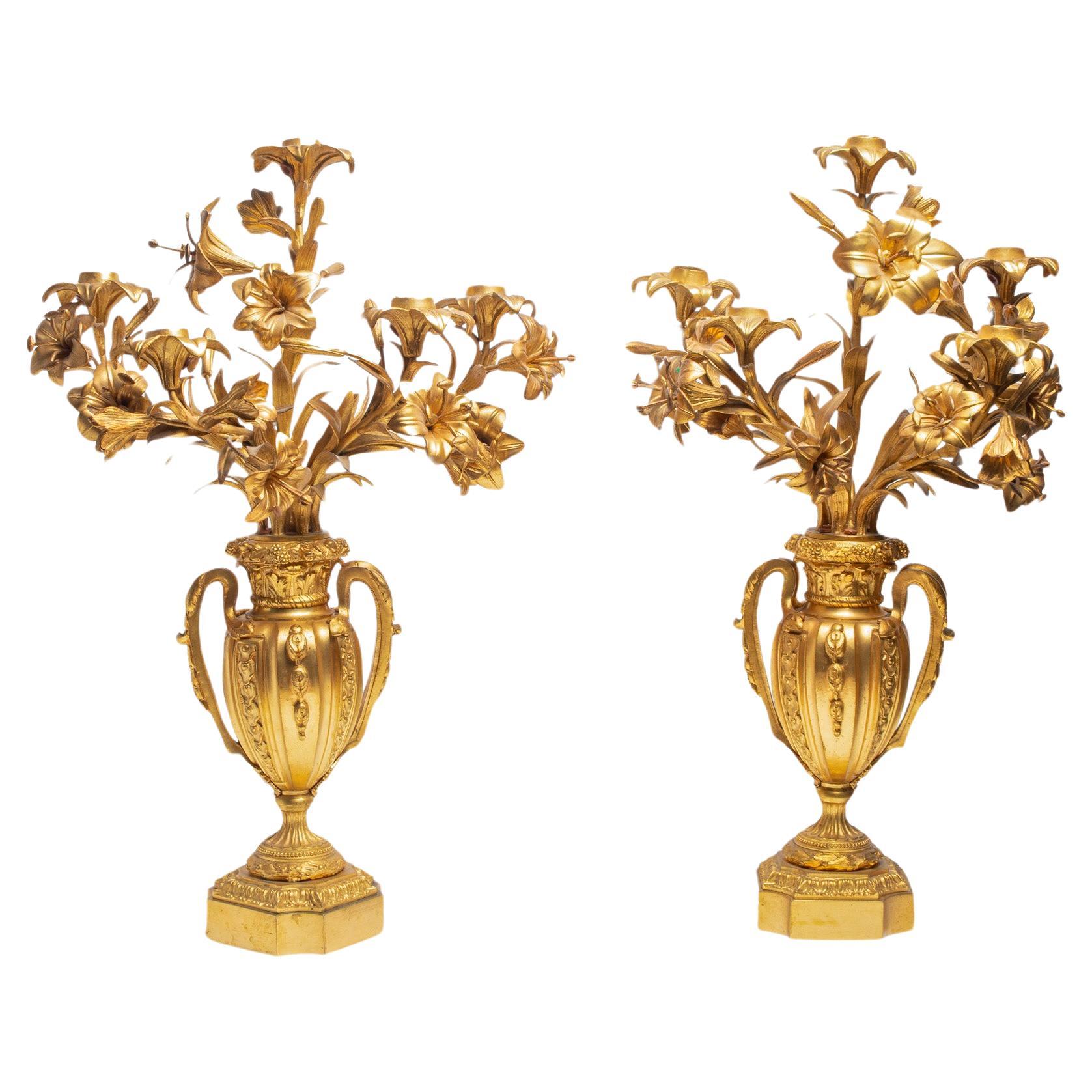 Pair Of Antique 19th Century French Gild Bronze Lily Candelabra
