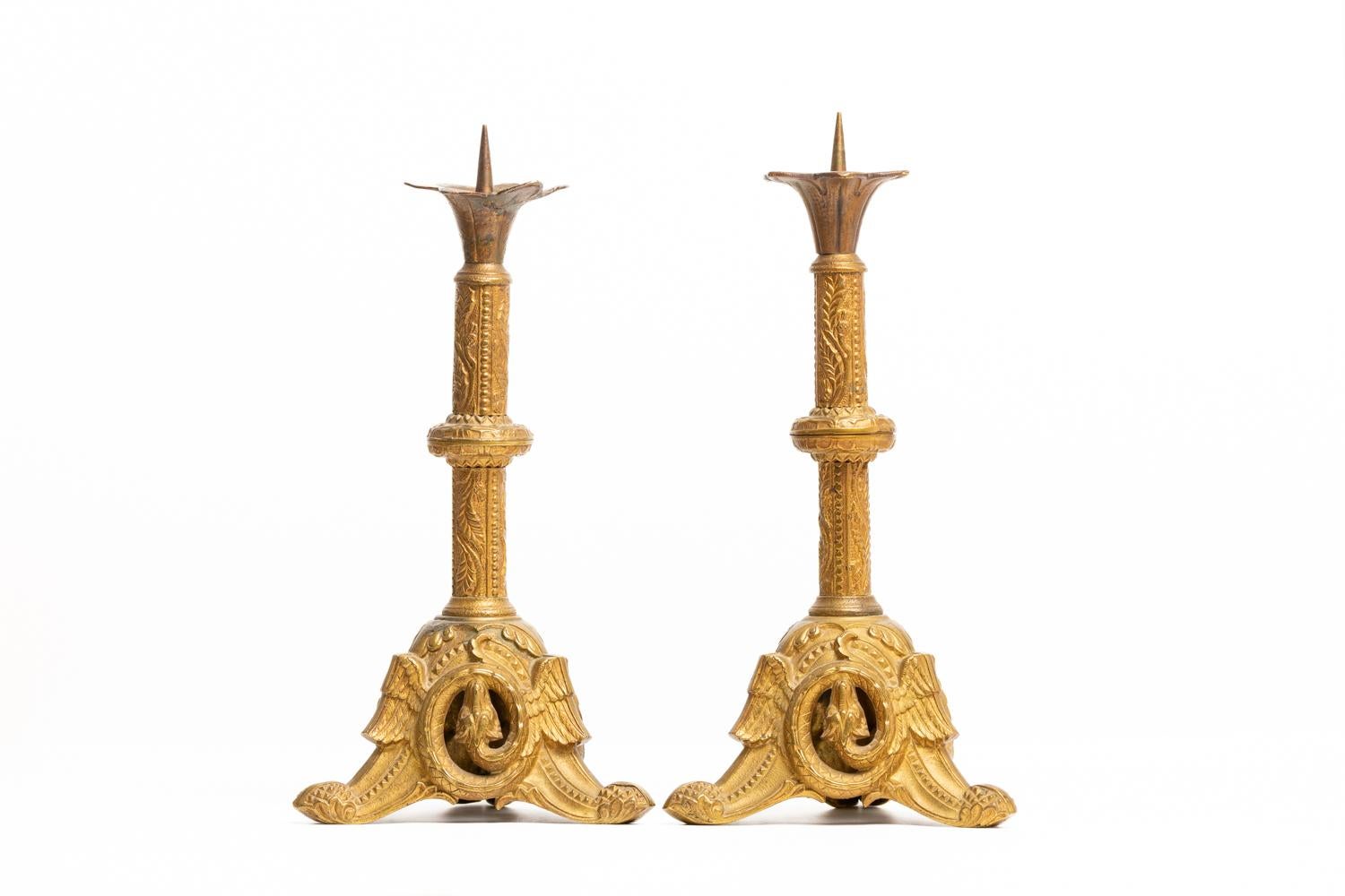 Gothic Revival Antique 19th Century French Brass Pricket Candlesticks  For Sale