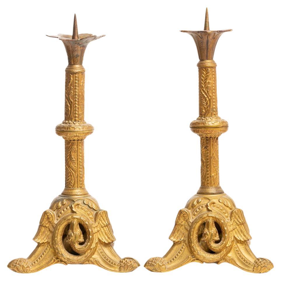 Antique 19th Century French Brass Pricket Candlesticks  For Sale