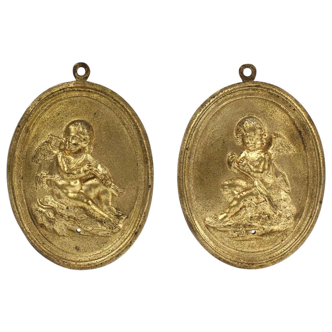 Pair of Antique 19th Century French Gilt Doré Bronze Plaques with Cupid