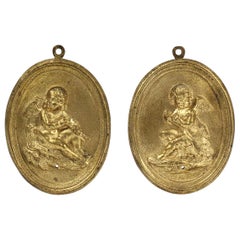 Pair of Antique 19th Century French Gilt Doré Bronze Plaques with Cupid