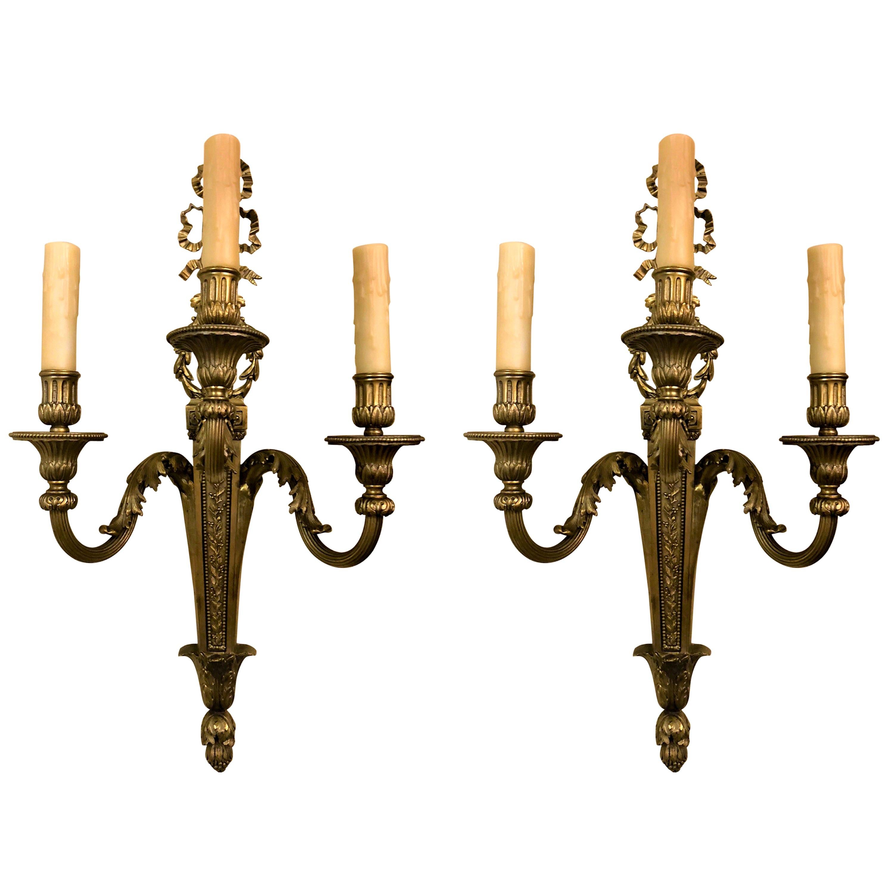 Pair of Antique 19th Century French Louis XVI Gold Bronze Sconces