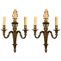 Pair of Antique 19th Century French Louis XVI Gold Bronze Sconces