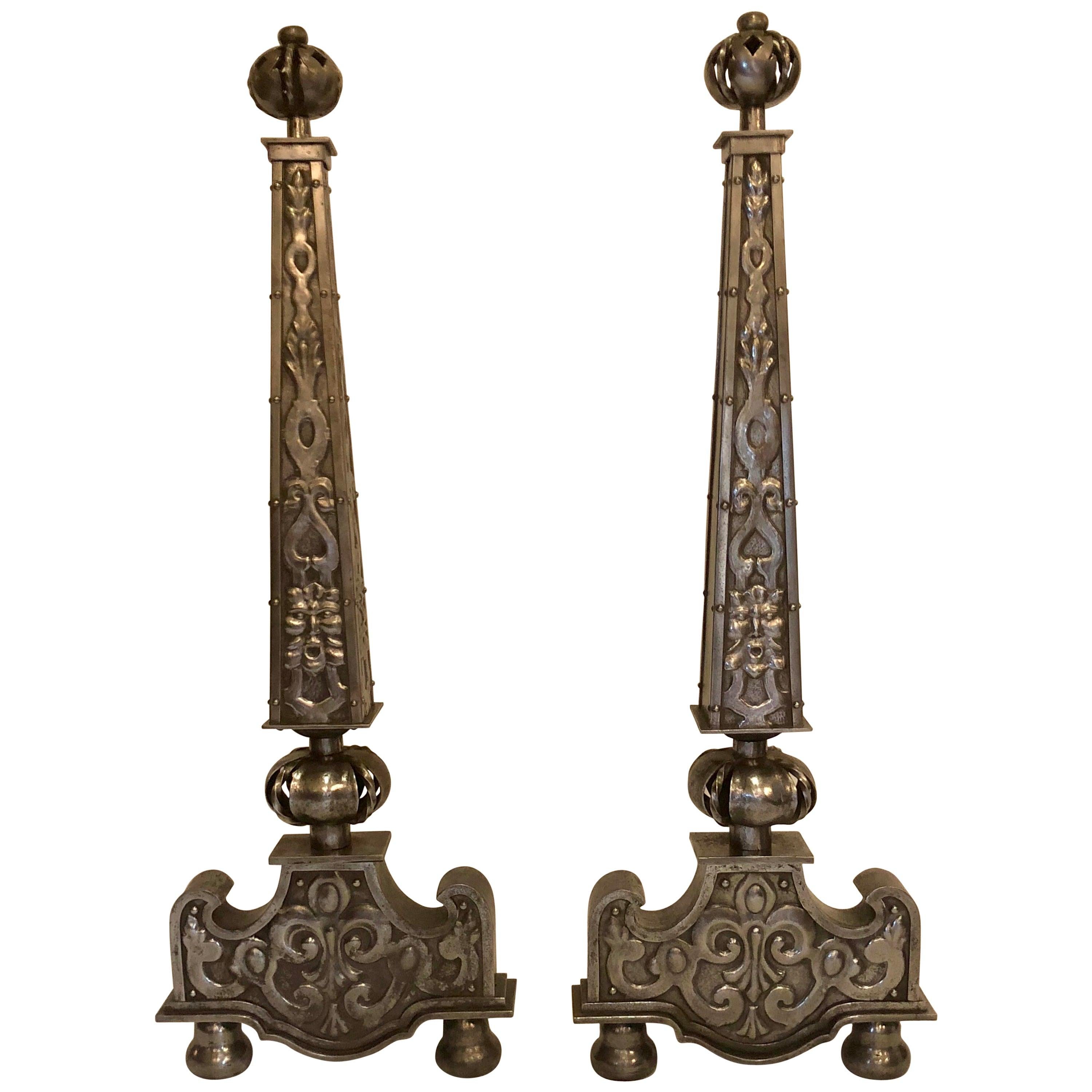 Pair of Antique 19th Century French Polished Steel Andirons In Good Condition For Sale In New Orleans, LA