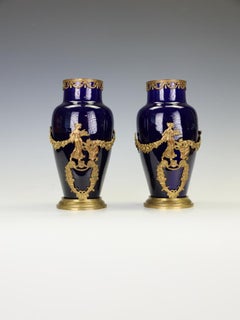 Pair of Antique 19th Century French Sèvres Style Cobalt Blue Porcelain Vases