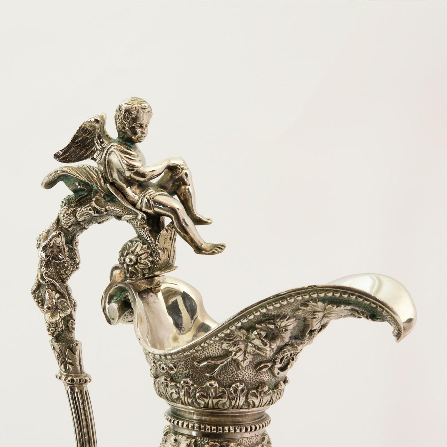 Silvered Pair of Antique 19th Century French Silver over Bronze Ewers For Sale