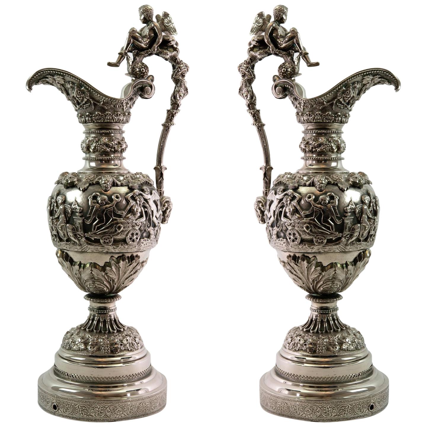 Pair of Antique 19th Century French Silver over Bronze Ewers For Sale