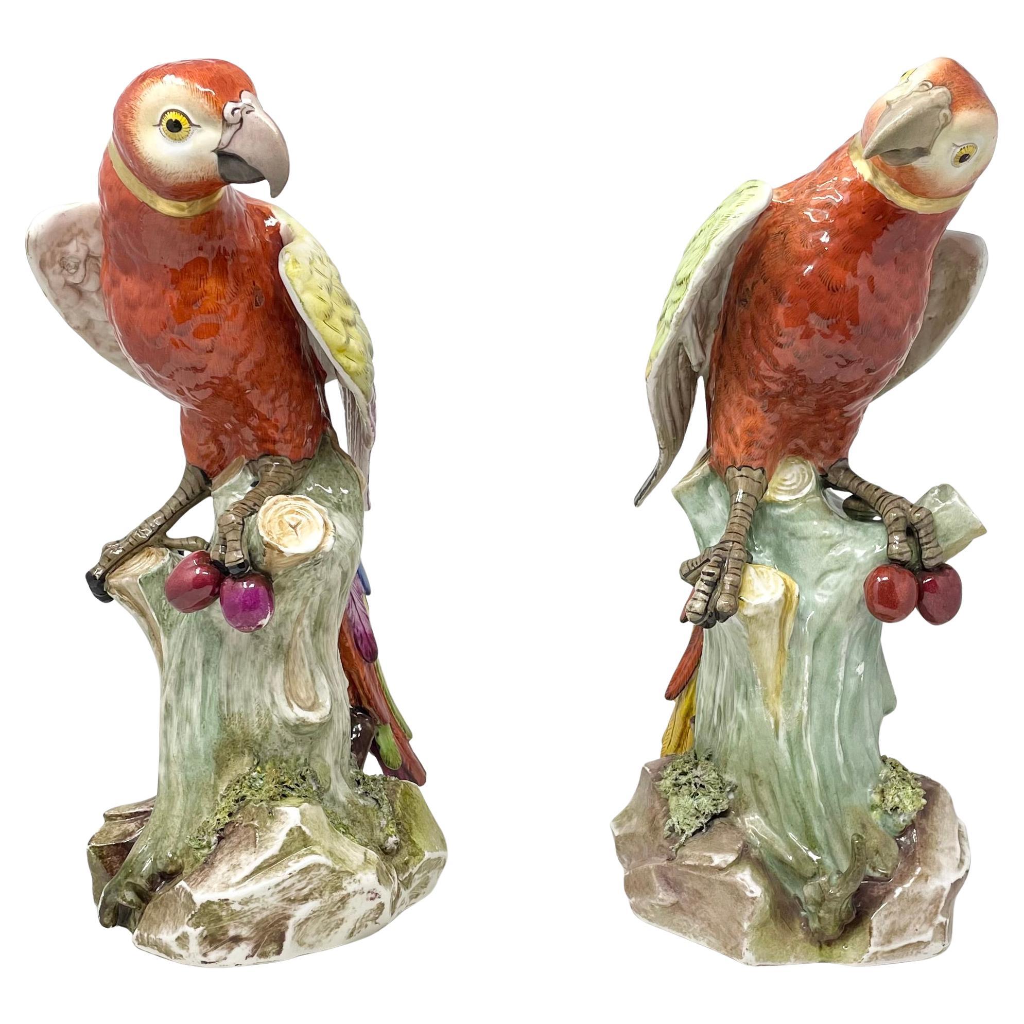 Coppia di statue di pappagalli multicolore in porcellana continentale del XIX secolo.
