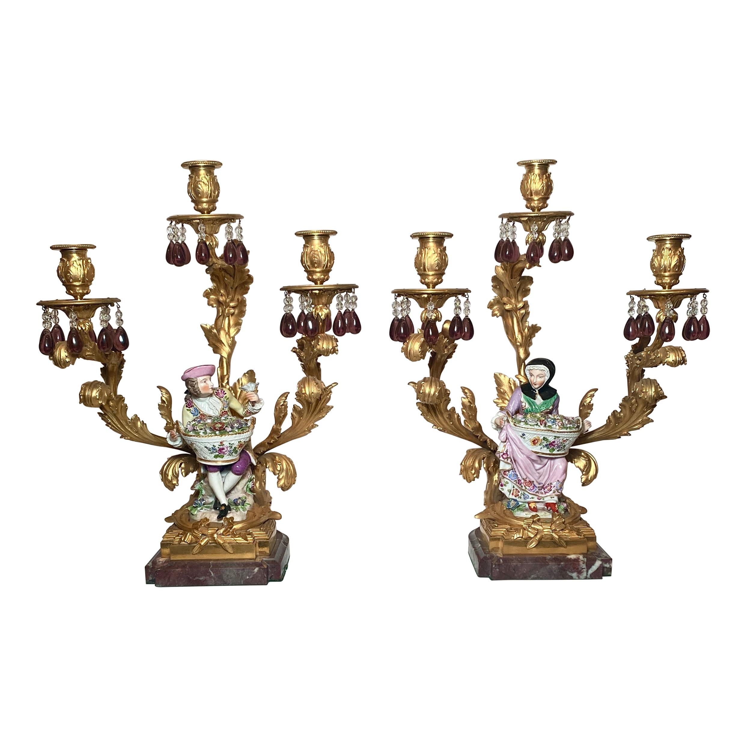 Pair of Antique 19th Century Gold Bronze and Porcelain Candelabra For Sale