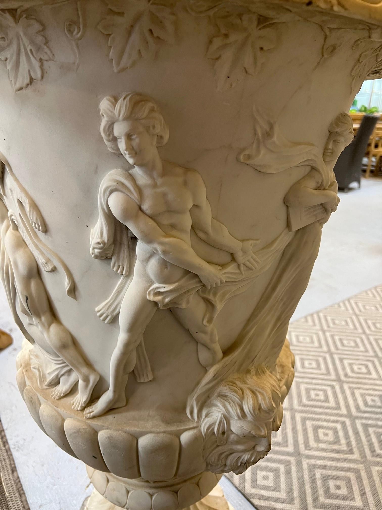 Pair of Antique Early 20th Century Italian Carved Marble Urns w/ Carved Figures For Sale 6