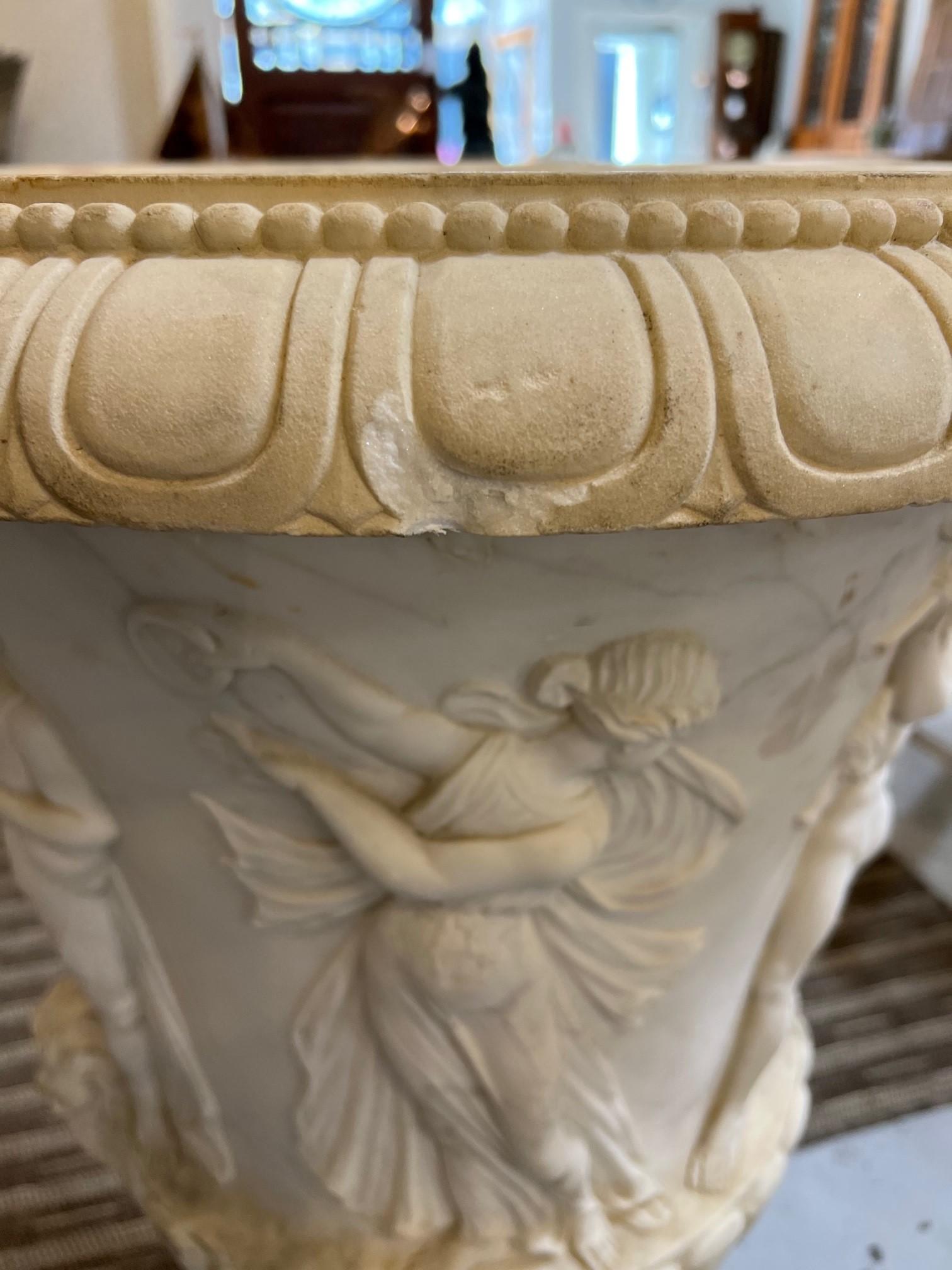 Pair of Antique Early 20th Century Italian Carved Marble Urns w/ Carved Figures For Sale 9